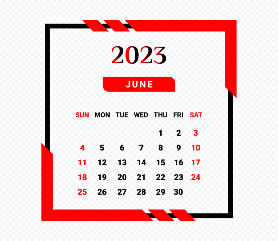 June Month 2023 Calendar With Red And Black PNG