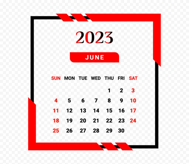 June Month 2023 Calendar With Red And Black PNG