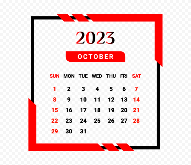 OCTOBER Month 2023 Calendar With Red And Black PNG