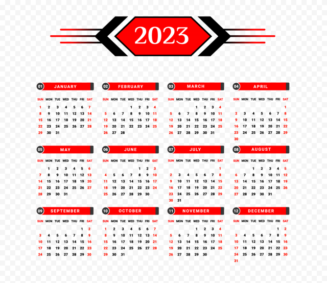 HD White Black And Red 2023 Calendar Transparent PNG